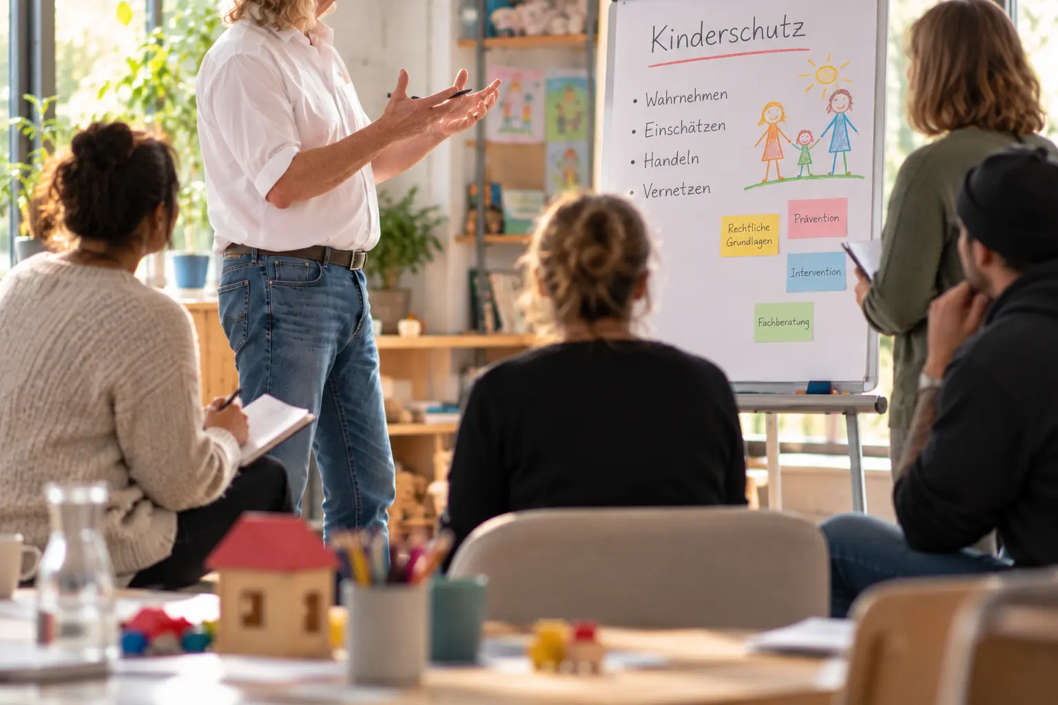 Seminarsituation vor einem Flipchart mit den vier Schritten Wahrnehmen, Einschätzen, Handeln, Vernetzen.